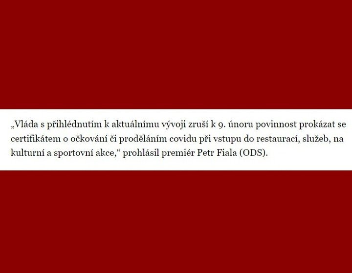 ‼️ „Vláda s přihlédnutím k aktuálnímu vývoji zruší k 9. únoru povinnost prokázat se certifikátem o očkování či proděláním covidu při vstupu do restaurací, služeb, na kulturní a sportovní akce,“ prohlásil premiér Petr Fiala (ODS).‼️ Vzhledem nejen k této informaci není pražádný důvod, aby se na fotbalových stadionech dále "tísnilo" maximálně 1000 fanoušků. FAČR a Fotbalová ligová asociace by konečně měly místo řečí konat a zasadit se o návrat fans na stadiony. Kdo chce, hledá způsob, kdo nechce, hledá důvod. Football Without Fans Is Nothing! ACS! ⚽️??? #acsparta #facr #lfa #ligovafotbalovaasociace #spartaforever #footballwithoutfansisnothing